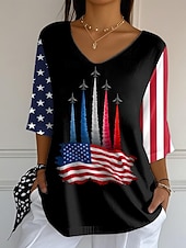  American Independence Day Women's Blouse Graphic Flag Vintage Tropical Stylish 3/4 Length Sleeve V Neck Regular Tops Daily Blue Black White Summer Spring Fall