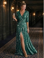 ieftine Rochii de seară în linie A-Linia -A Lungime Podea Rochii de seara Rochie formală Elegant Sclipici Split de înaltă Lungime Manșon 3/4 În V Serată Nuntă Paiete cu Strălucire Paiete Culoare solida