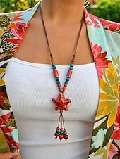 tanie Naszyjnik damski-Naszyjnik z wisiorkiem w kształcie gwiazdy w stylu boho dla kobiet, ręcznie robione kolorowe ceramiczne koraliki, regulowana biżuteria na długim łańcuszku na ogrodowe przyjęcie, wakacje na plaży,