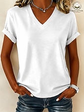 economico T-shirt semplice-T-shirt da donna 100% cotone - maglietta a maniche corte con scollo a V, comoda e di qualità.