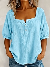 baratos Camiseta lisa-Mulheres Blusa Côr Sólida Diário à moda Básico Manga 3/4 Decote Quadrado Tops regulares Diário Azul Amarelo Rosa Verão Primavera
