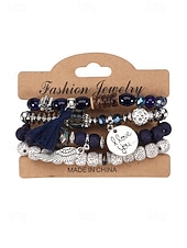 preiswerte Urlaubszubehör-Mehrlagiges Perlenarmband-Set im Boho-Stil für Damen – farbenfrohe Armbänder mit Quaste und Flügelanhänger für Freizeit und Strand.
