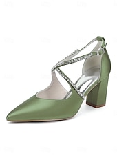 preiswerte Pumps mit Blockabsatz-Smaragdgrüne Satin-Pumps mit Blockabsatz – elegante Schuhe mit Strassriemen für Cocktailpartys und Abendveranstaltungen