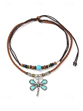 tanie Naszyjnik damski-Damski naszyjnik w stylu boho z wisiorkiem w kształcie ważki, dwuwarstwowy choker ze skóry ze stopu metali, z turkusowymi koralikami, idealny na wakacje na plaży, letnie podróże i codzienne, codzienne