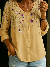 cheap Floral Blouses-Women's Shirt Buttons Print Floral Graphic Vintage Daily Stylish Long Sleeve V Neck Regular Tops Casual Daily Blue Black White Yellow Pink Summer Spring
