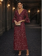 baratos Comprimento do tornozelo-Linha A Vestidos Longo Até o Tornozelo Vestido Coquetel Vestido Para Mãe dos Noivos Manga Longa Decote V Elegante Luxuoso Brilho &amp; Glitter Formal Convidado do casamento Semi formal Renda com Miçangas