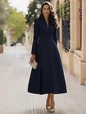 preiswerte Smokingkleider-Damen Smokingkleid A-Linie Formell Stretch-Crêpe Elegant Vintage Langarm Tee-Länge Midi-Länge Königin Anne Doppelreihig
