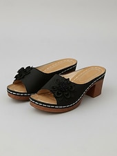 abordables Sandalias de tacón-Sandalias azules de tacón ancho con estampado floral para mujer: cómodas sandalias tipo mule sin cordones con suela acolchada para viajar y comprar. &amp;uso diario