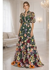 abordables Largo del piso-Corte A Hasta el Suelo Vestido de Madrina Manga Corta Escote en Pico Elegante Vintage Lujoso Formal Invitado a la boda Fiesta de Boda Encaje Tul con Flores 3D Bordados Flor