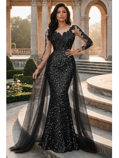 abordables Vestidos de gala-Corte Trompeta Sirena Hasta el Suelo Vestidos de noche Vestido de baile con sobrefalda Vestimenta formal Elegante Manga Larga Cuello Barco Fiesta de baile Fiesta de Noche Tul con Lentejuela