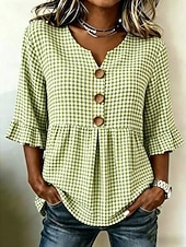 cheap Stripe&amp;Geometric Blouses-Easter Women's Shirt Graphic Geometric Vintage Stylish Long Sleeve V Neck Crop Tops Casual Daily Holiday Black and gray Light Green Light Brown Summer Spring