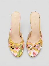 baratos Sandálias de salto-Women's Vibrant Yellow Floral Heeled Mules - Elegant High Stiletto Sandals with Bow Detail for Summer Vacations, Tropical Evening Parties &amp; Tropical Getaway Dinners