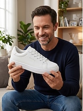 cheap Men-Men's White Music Festival Sneakers - Lightweight Comfort Lace-Up Casual Shoes - Minimalist Low-Top Footwear for Concerts, Outdoor Events, Travel and Everyday Leisure