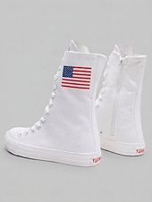  Women's White Patriotic High Top Canvas Sneakers – USA Flag Canvas Lace-Up Boots for Independence Day, Parade & Casual Streetwear
