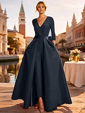 abordables Vestidos de gala-Dos Piezas Mono Hasta el Suelo Desmontable Vestidos de noche Elegante Manga Larga Escote en Pico Boda Invitado a la boda Bolsillo Tejido elástico con Mariposa