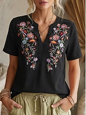 abordables Hauts en dentelle-Femmes Chemisier Hauts en dentelle Chemises brodées Dentelle Broderie Fleuri ancien Boho Manche Courte Col en V Hauts Réguliers Occasionnel Fête Été Noir Vert Véronèse bleu marine Violet Marron Ét