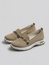 abordables Baskets femme-Baskets beiges respirantes pour femmes - chaussures de marche confortables à enfiler avec bride décorative en similicuir, baskets décontractées antidérapantes pour un usage quotidien, les voyages et