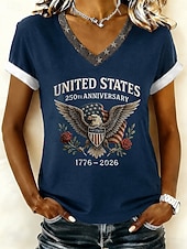  Amerikan itsenäisyyspäivä Naisten T-paita Painettu Kuvitettu Kirjain Amerikan lippu Vintage Tyylikäs Klassinen Lyhythihainen V kaula-aukko Tavalliset topit Kausaliteetti Päivittäin Musta Laivaston