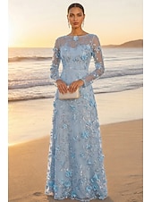 cheap Floor Length-A-Line Floor Length Mother of the Bride Dress Long Sleeve Boat Neck Elegant Vintage Luxurious Formal Wedding Guest Wedding Party Lace Tulle with 3D Flowers Embroidery Appliques