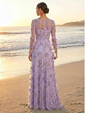 ieftine Lungimea podelei-Linia -A Rochii Lungime Podea Rochie de petrecere Rochie Mama Miresei Manșon Lung Stil Nautic Iluzii Elegant Epocă Luxos Oficial Invitat la nunta Kentucky Derby Dantelă Tulle cu Flori 3D Broderie