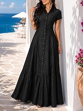 cheap Plain Dress-Women's Maxi Dress Sundress Vintage Vacation Regular Fit Pure Color Short Sleeve Shirt Collar Blue Light Blue Black Spring