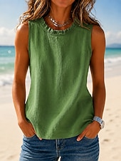  Mujer Camisa Textura Volante Color sólido Plano Vintage Sin Mangas Cuello Barco Tops regulares Casual Café marrón Negro Amarillo Verde Trébol Gris Oscuro Verano Primavera