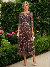 cheap Ankle Length-A-Line Dress Floor Length Tea Length Lace Dress Cocktail Dress Mother of the Bride Dress 3/4 Length Sleeve Crew Neck V Neck Elegant Simple Casual Formal Wedding Guest Semi Formal Lace with Embroidery