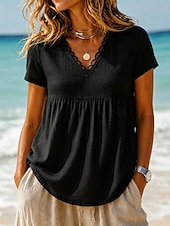 cheap Shirts-Women's Cotton Linen Shirts Lace Splicing Top Ruffle Patchwork Lace Trim Solid Color Plain Vintage Short Sleeve V Neck Regular Tops Casual Black White Summer Spring