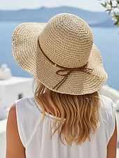 cheap Vacation Accessories-Women's Wide Brim Straw Sun Hat with Bowknot, Foldable Beach Hat for Summer Travel and Outdoor Vacation