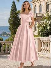 cheap Cocktail Dresses-A-Line Ankle Length Cocktail Dresses Party Dresses Elegant Silky Short Sleeve One Shoulder Wedding Formal Pink Dress Satin with Bow(s)