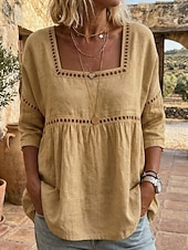  Femmes Chemises en coton et lin Chemisier Couleur Unie Élégant Bohème Manche 3/4 Col carré Hauts Réguliers Extérieur Bleu Blanche Rose Claire Vert Kaki Été Printemps