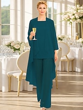 abordables Trajes de pantalón de mamá-Traje de pantalón Traje de 3 piezas Hasta el Suelo Vestido de Madrina Sin Mangas Barco de cuello Elegante Talla Grande Bolero incluido Invitado a la boda Gasa Vestidos de chaqueta con Un Color