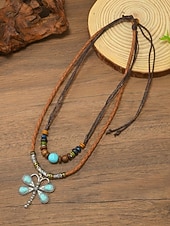tanie Naszyjnik damski-Damski naszyjnik w stylu boho z wisiorkiem w kształcie ważki, dwuwarstwowy choker ze skóry ze stopu metali, z turkusowymi koralikami, idealny na wakacje na plaży, letnie podróże i codzienne, codzienne