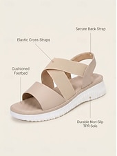 cheap Comfort Sandals-Women's Wide Fit Friendly Comfort Walking Sandals, Elastic Cross Strap Slingback Sandals with Non-Slip TPR Sole