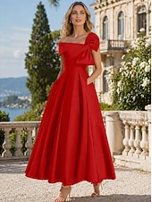 cheap Cocktail Dresses-A-Line Ankle Length Cocktail Dresses Party Dresses Elegant Silky Short Sleeve One Shoulder Wedding Formal Pink Dress Satin with Bow(s)