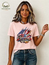 billige Uavhengighetsdag Topp-Amerikansk uavhengighetsdag Dame 100% قطن T skjorte Trykt mønster Grafisk Bokstaver Amerikansk flagg Årgang Stilfull Fritid Kortermet Crew-hals Vanlige topper Avslappet Daglig Helg Blå Svart Hvit