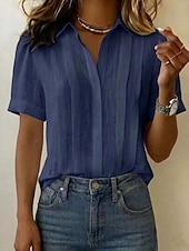 baratos Blusas Simples-Mulheres Blusa Pregueado Botões Côr Sólida Tecido Vintage à moda Casual Manga Curta Colarinho de Camisa Tops regulares Casual Diário Azul Branco Amarelo Rosa Azul Marinha Verão Primavera