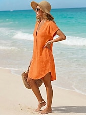 abordables Robes-Femmes Robe Longueur Genou Robes en lin ancien Quotidien Mince Uni Manche Courte Col en V Kaki Rouge Orange Été