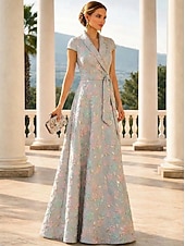 economico Lunghezza del pavimento-Linea ad A Lunghezza al pavimento Abito da invitata a nozze Abito Formale Abito da sera Abito da cerimonia per signora Manica Corta Bavero Elegante Vintage Matrimonio Formale Jacquard con