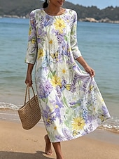 cheap Floral Dress-Women's Midi Dress Sundress Summer Dress Vacation Casual Boho Beach Holiday Regular Fit Floral Graphic 3/4 Length Sleeve Crew Neck Blue Pink Purple Summer Spring