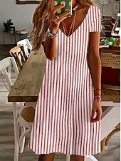 cheap Stripe&amp;Geometric Dress-Women's Knee Length Dress Casual Dress Striped Dress A Line Dress Elegant Fashion Daily Vacation Regular Fit Striped Short Sleeve V Neck Blue Yellow Red Green Summer Spring