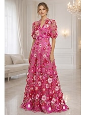 abordables Largo del piso-Corte A Hasta el Suelo Vestido de Madrina Manga Corta Escote en Pico Elegante Vintage Lujoso Formal Invitado a la boda Fiesta de Boda Encaje Tul con Flores 3D Bordados Flor