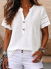economico Bluse Eleganti-Per donna Camicia Camicia traforata Top traforato Blusa Traforato Elegante Moda Quotidiano Manica Corta Scollo a V Top Regolari Casuale Bianco Estate Primavera