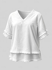 billige Enkle bluser-Dame Bluse Helfarge Årgang Stilfull Grunnleggende Kortermet V-hals Vanlige topper Avslappet Daglig Blå Svart Hvit Gul Rosa Sommer Vår