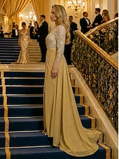 economico Abiti da ballo-Sirena Tromba Strascico da Corte Abito da Sera Abito da ballo con sopragonna Abito formale Elegante Manica Lunga Scollo Illusione Formale Con Paillettes con Pieghe Paillettes