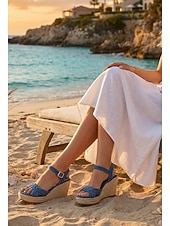 ieftine Femei-Sandale cu platformă pentru femei, din denim albastru - tocuri cu platformă, tip espadrile, cu barete împletite, și cataramă la gleznă, pentru vacanțe de lux în croazieră, ținute de resort tropical