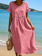 abordables Vestido blanco-Mujer Vestido Midi Vestido de cambio Casual Playa Festivos Ajuste regular Plano Manga Corta Escote en Pico Azul Piscina Blanco Rosa Morado Verano Primavera
