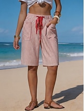baratos Bermudas-Mulheres chinês Calção Shorts de verão Básico Comprimento do joelho Cintura Alta Listrado Bolsos Cintura elástica Listrado Confortável Conforto Macio Sem Elasticidade Ao ar livre Férias Formal Azul
