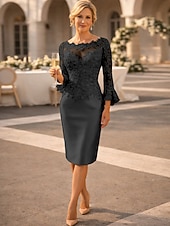 preiswerte Teelänge-Schlauchkleid Knielang Partykleid Cocktailkleid Kleid für Hochzeitsgäste Brautmutterkleid Langarm Juwelenhals Elegant Vintage luxuriös Hochzeitsgast Satin Spitze mit Applikationen