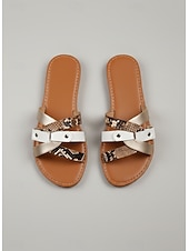 cheap Slide Sandals-Women's Snake Print Strappy Sandals with Metallic Accents - Casual Flat Summer Sandals for Beach and Everyday Wear